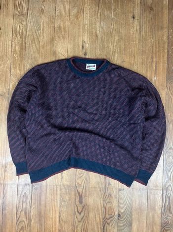Pull maille vintage motifs rayures bordeaux marine Made in Mexico XL