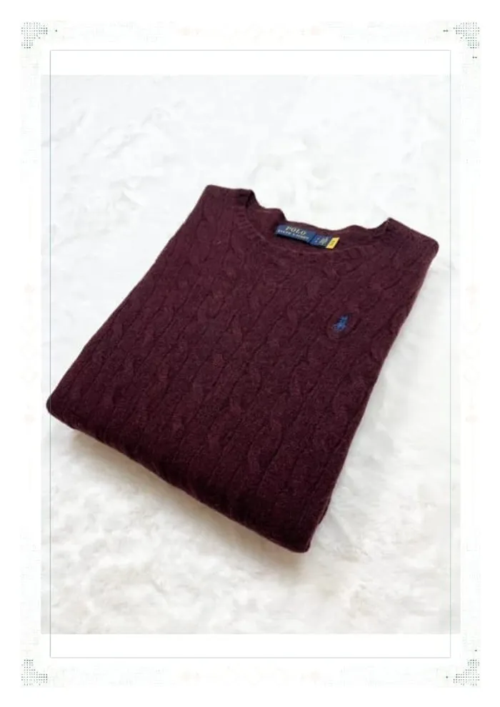 Ralph Lauren pull femme laine mérinos torsadé bordeaux col rond taille S (étiquette coupée)