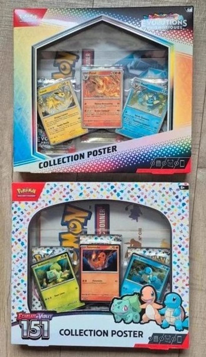 Lot de 2 coffret pokémon collection poster 151 ev3.5 et ev 8.5 évolutions prismatiques neuf scellé