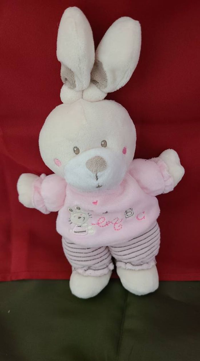 Doudou Lapin Rose Blanc Et Rayé Abc Nicotoy