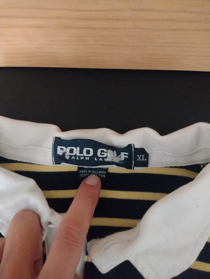 Polo vintage rugby Ralph Lauren rayé bleu marine et jaune – Taille XL – Col blanc zippé et bouton - photo numéro 9