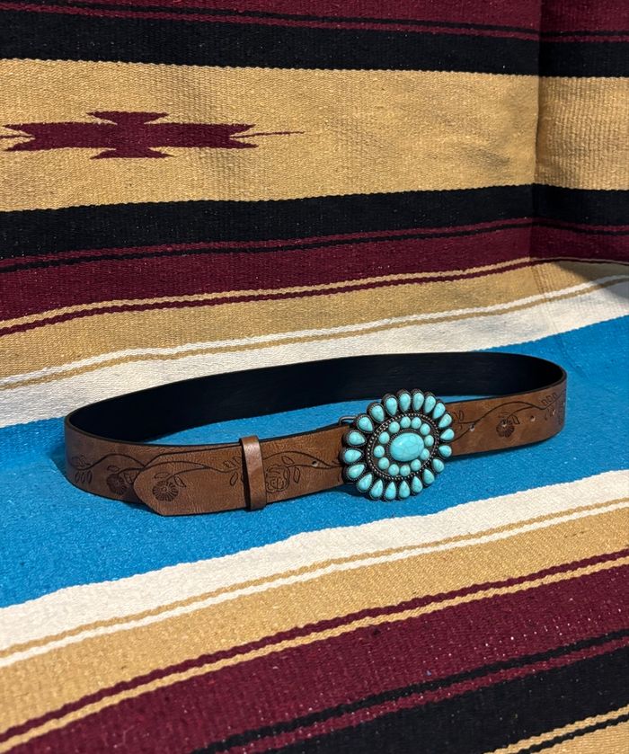 Ceinture neuve femme marron boucle turquoise style western amérindien bohème chic taille M 110 cm - photo numéro 2