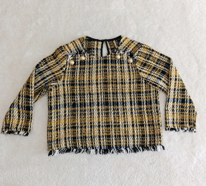 Blouse en laine tweed top Zara noir jaune blanc XS boutons doré vintage - photo numéro 4