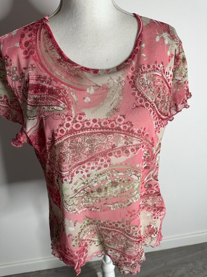 Top en mesh paisley fleurs rose et crème Y2K T42 XL - photo numéro 3