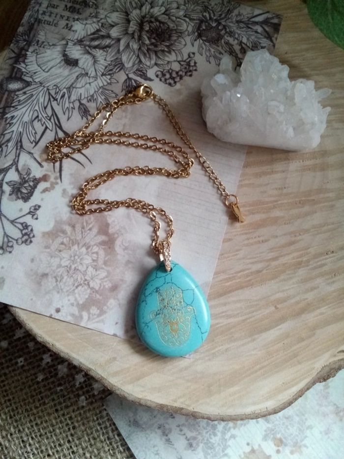 Collier pendentif pierre howlite couleur turquoise - photo numéro 3