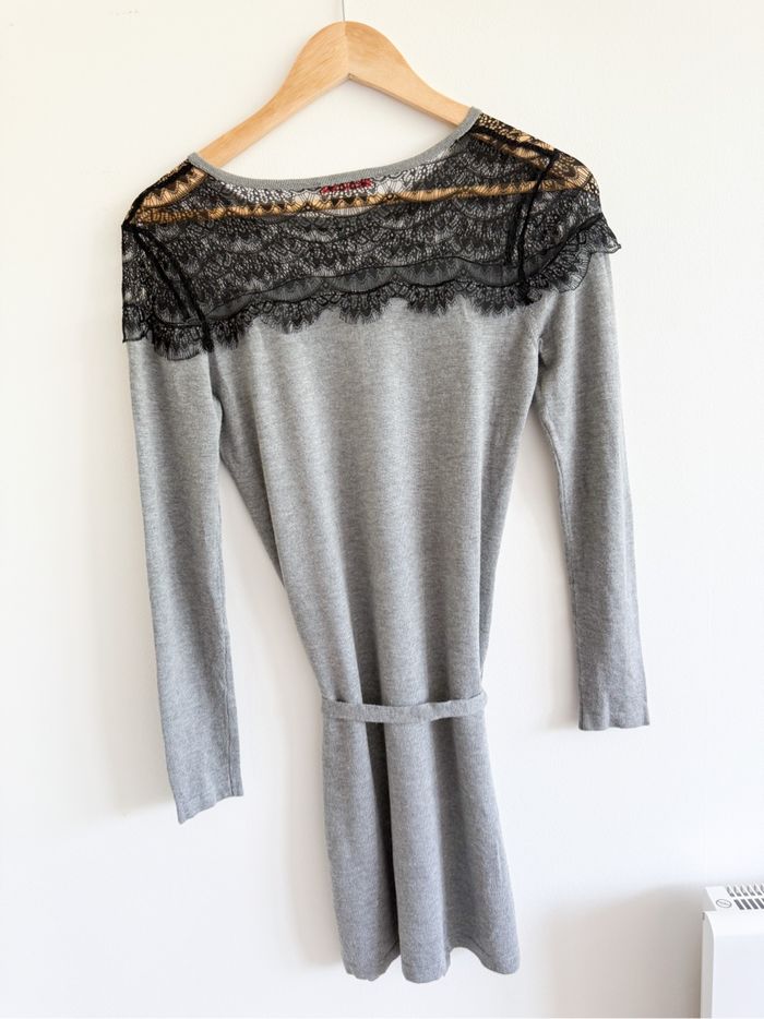 Robe manches 3/4 avec ceinture grise avec dentelle noir camaïeu taille 36 S - photo numéro 5