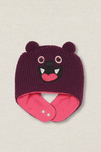 Bonnet chaud bébé fille violet avec oreilles & visage rigolo – doublé polaire