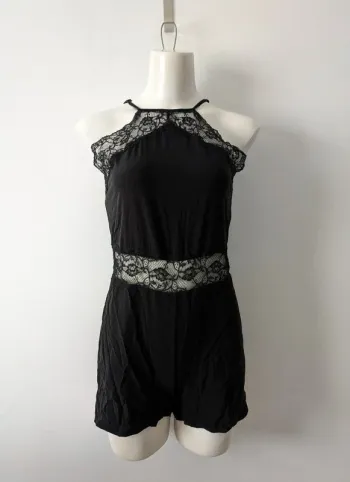 Combishort pyjama noir avec dentelle - Charlott' - taille XS/S