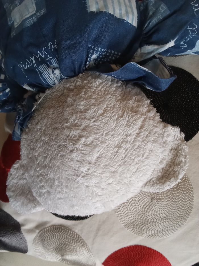 Doudou ours blanc bleu marine Minouche vintage d'occasion ancien 30 ans  marin marine mer yeux noirs durs plastique nez dur  tissu éponge tissu bouclettes carré carreaux imprimé  thème mer ancre  peluche ancien matelot - photo numéro 7