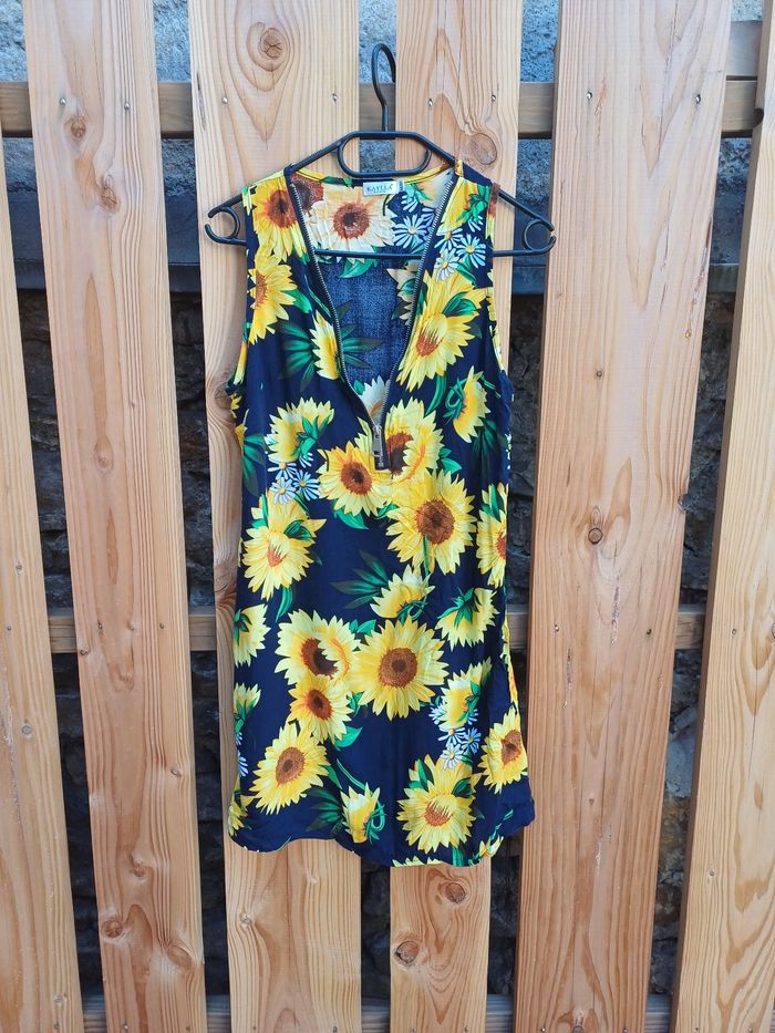 Jolie robe sans manches imprimé tournesol en coton Kaylla