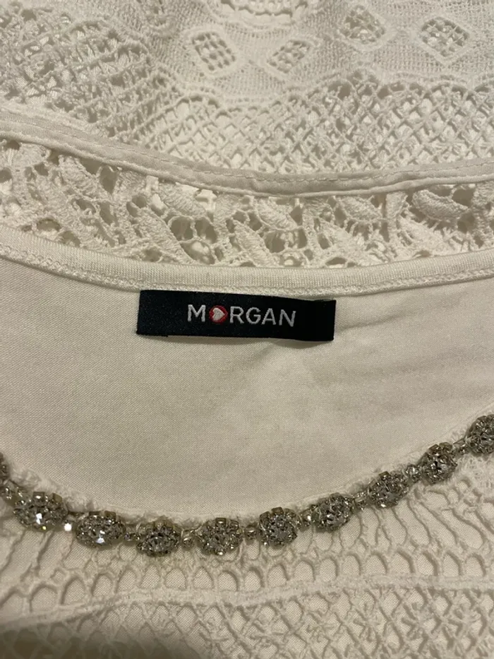 T-shirt blanc manches courtes à dentelle doublé débardeur superposé strass col rond Morgan taille 38 - photo numéro 6