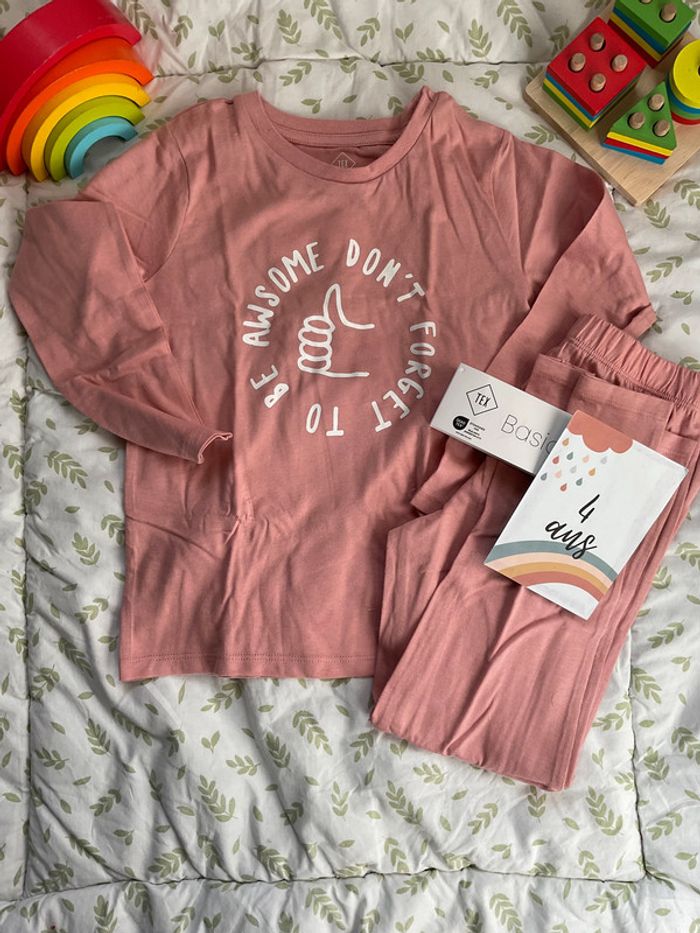 pyjama 2 pièces en coton rose 4/5 ans tex neuf avec étiquette - photo numéro 2