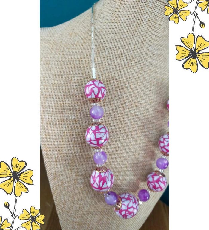 Collier vintage fait main – Perles roses en polymère & perles violettes – Collection Nuances de Rose - photo numéro 11