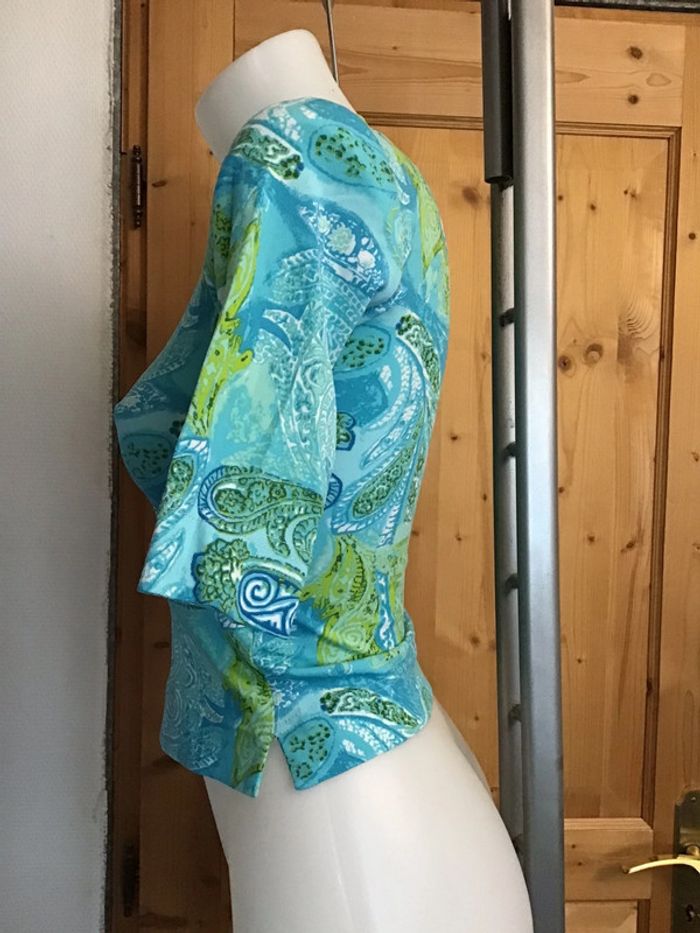 Top manches 3/4 turquoise vert blanc fendu côtes col V vintage 80s Complices - photo numéro 3