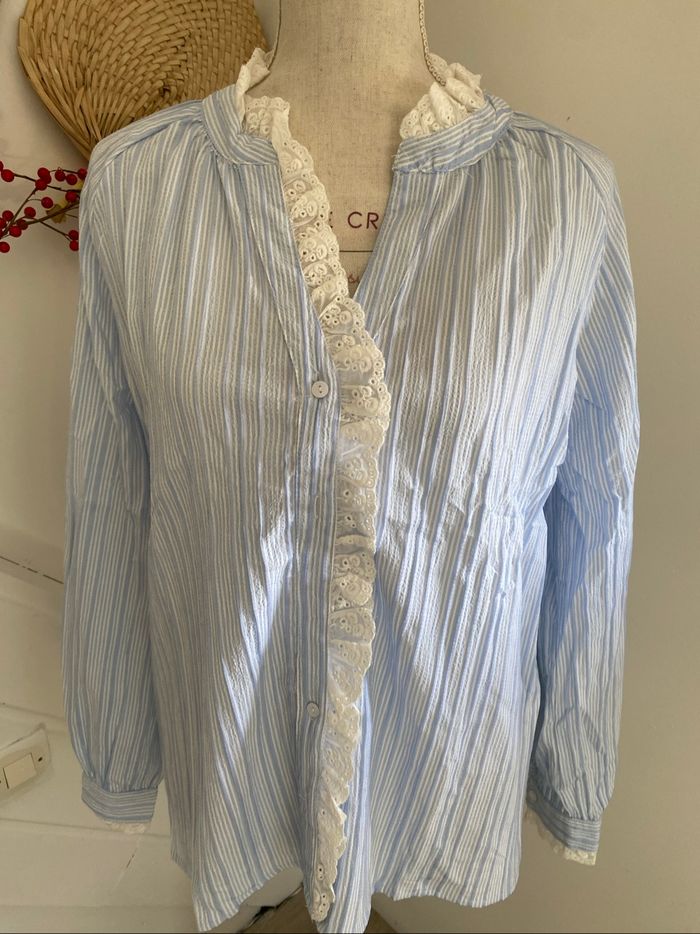 Chemise rayée bleu/blanc avec dentelle – Taille L – Neuve avec étiquette