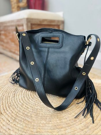 Sac noir cuir élégant grand modèle avec franges
