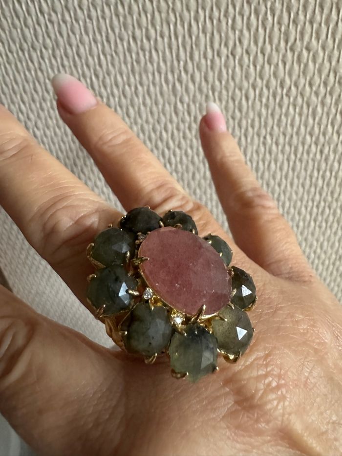 Grosse bague réglable fleurs labradorite et quartz fraise HABAHA Paris - photo numéro 2
