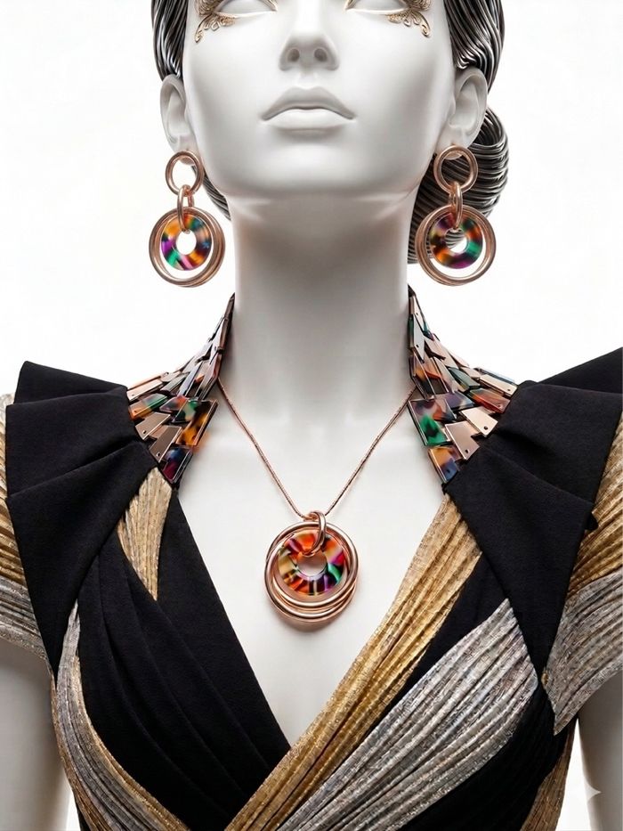 Parure Collier & Boucles d'oreilles Dorés - Cercles Résine Multicolore (Neuf) - photo numéro 1