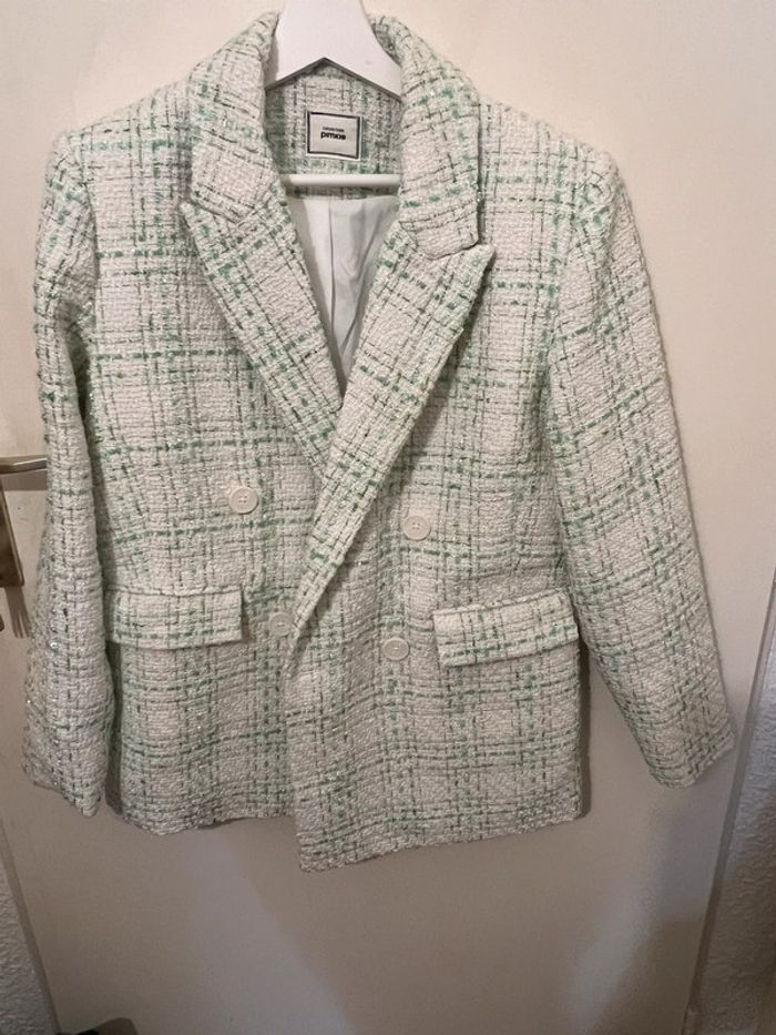 Veste pimkie verte brillante et blanche effet tweed
