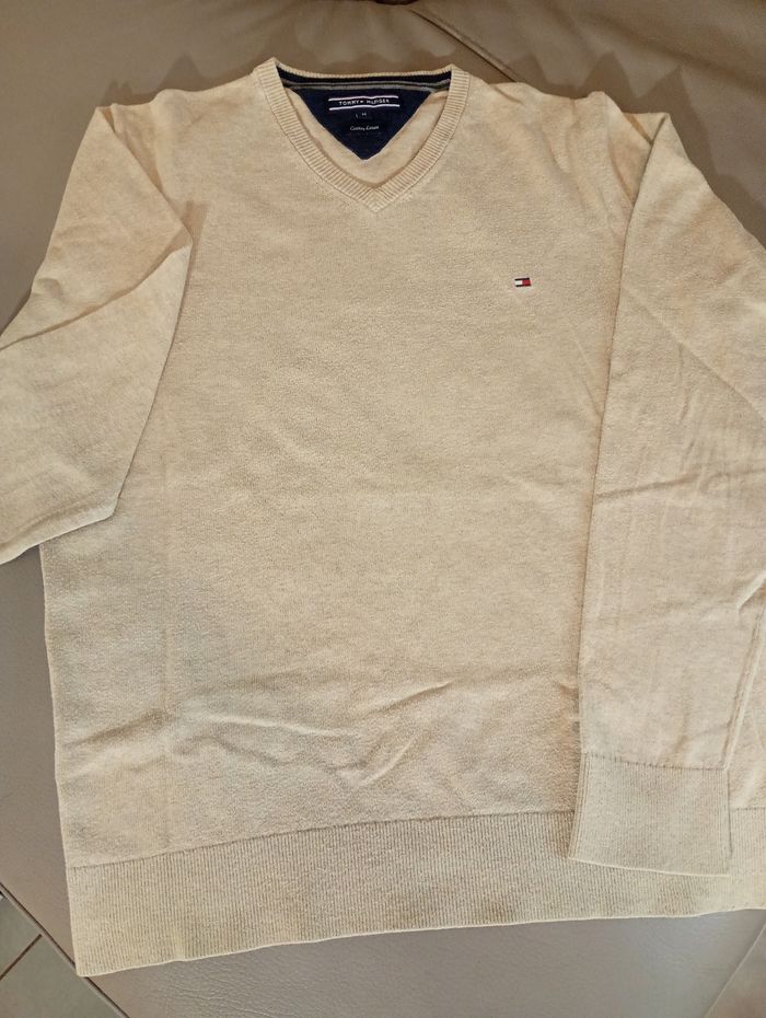 Pull Tommy Hilfiger beige col V – taille M – coton et lin - photo numéro 8