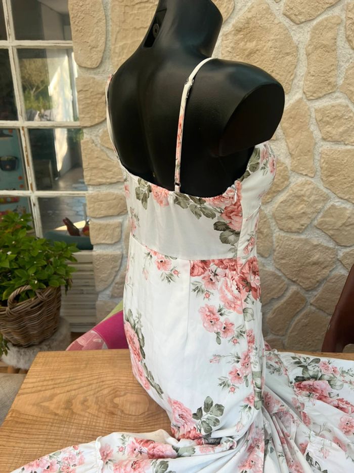 Robe bohème chic longue femme blanche à fleurs rose orangées taille S 36 shein été - photo numéro 4