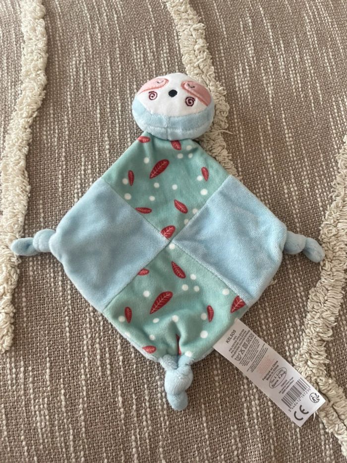 Peluche doudou plat 28cm Tom et kiddy paresseux bleu et blanc parfait état