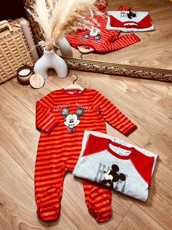 Taille 12 mois lot de 2 pyjamas velours garçon Disney rouge gris orange * Mickey * 💙