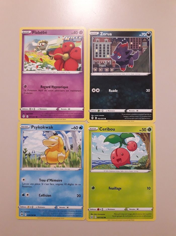 Flabébé + Zorua + Psykokwak + Ceribou lot de 4 cartes Pokémon neuves