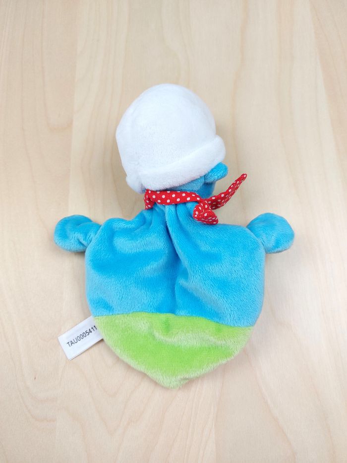 Doudou plat hochet schtroumpf JEMINI fleur jaune bleu vert écharpe rouge pois - photo numéro 3