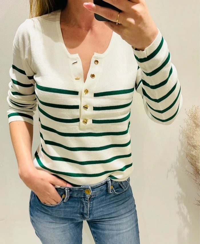 💐 Joli pull femme mariniere blanc rayé vert TU 36/40 🎀 - photo numéro 3