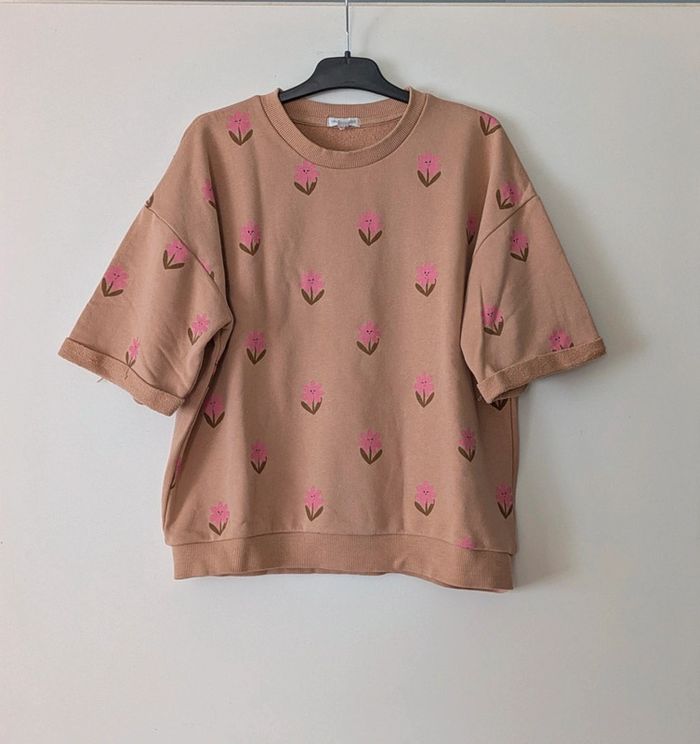Sweat manches courtes à fleurs roses fille très bon état - Vertbaudet - 12 ans