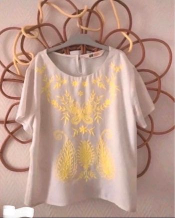Tunique blanche broderies florales jaune fluo H&M taille 11 / 12 ans