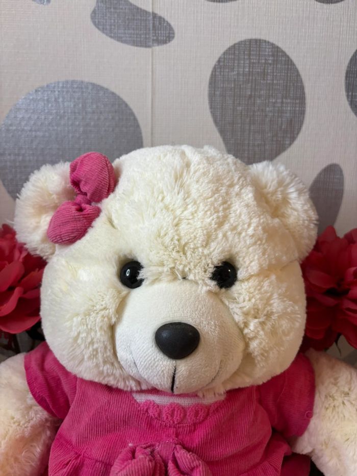 🌺Peluche ours blanc crème avec robe et noeud papillon rose🌺 - photo numéro 5