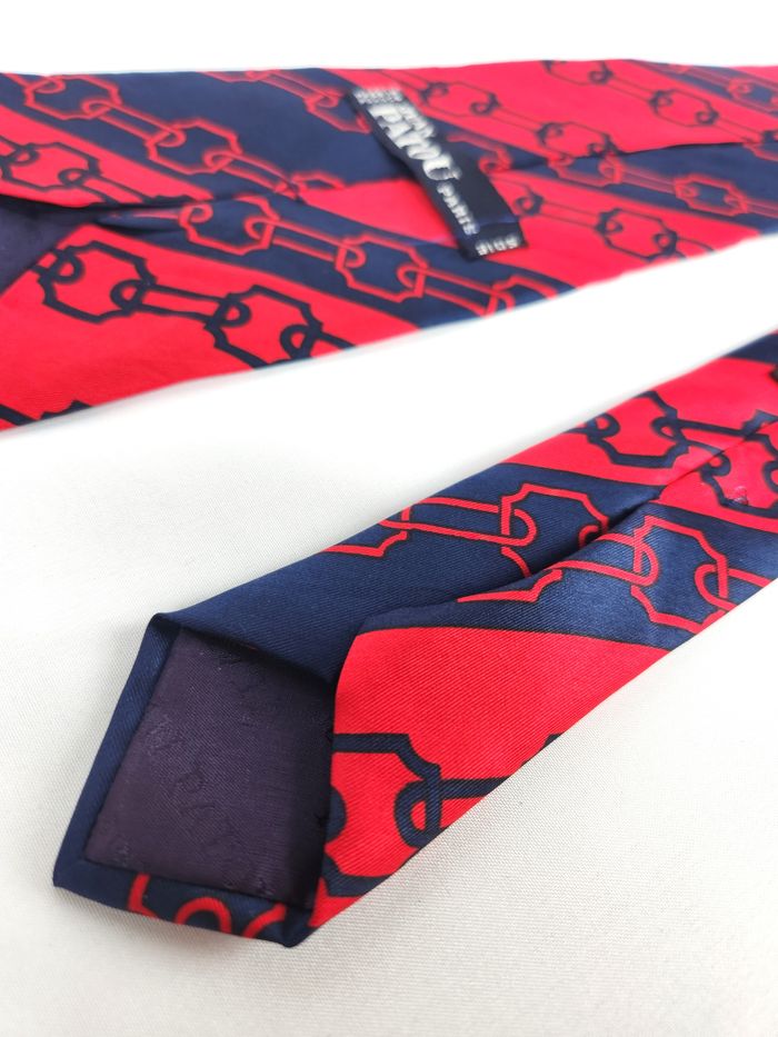 Cravate Jean Patou Soie Homme Rouge Marine Chaîne Maillons Motif Luxe Vintage - photo numéro 6