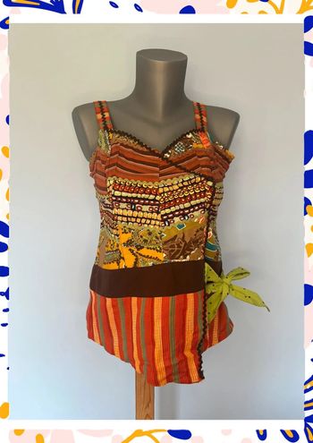 🌟 Débardeur Paul Brial – Taille 2 – Neuf avec étiquette – Motif marron, orange & vert 🌟