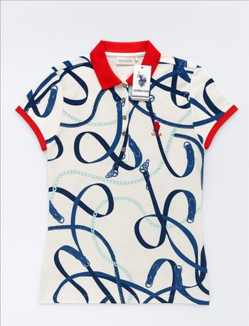 .	Magnifique polo U.S. Polo Assn – imprimé chaînes bleues, col rouge – neuf