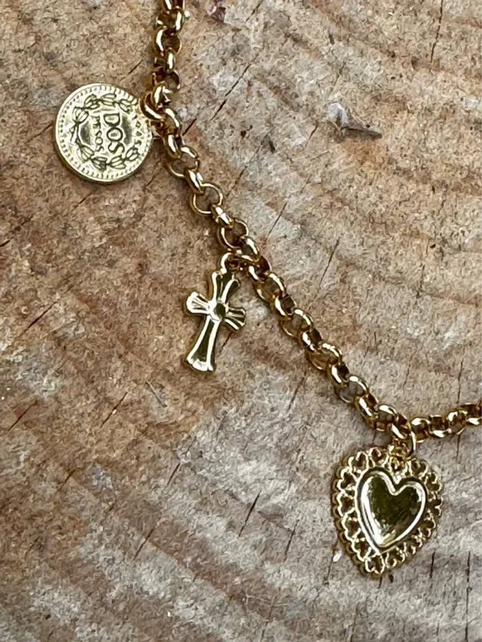 Collier chaîne épaisse acier inoxydable or breloques pièce croix ex-voto - photo numéro 6