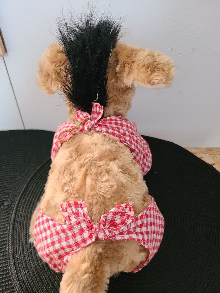 doudou peluche ane marron mi longs blanc tissu vichy rouge - photo numéro 3