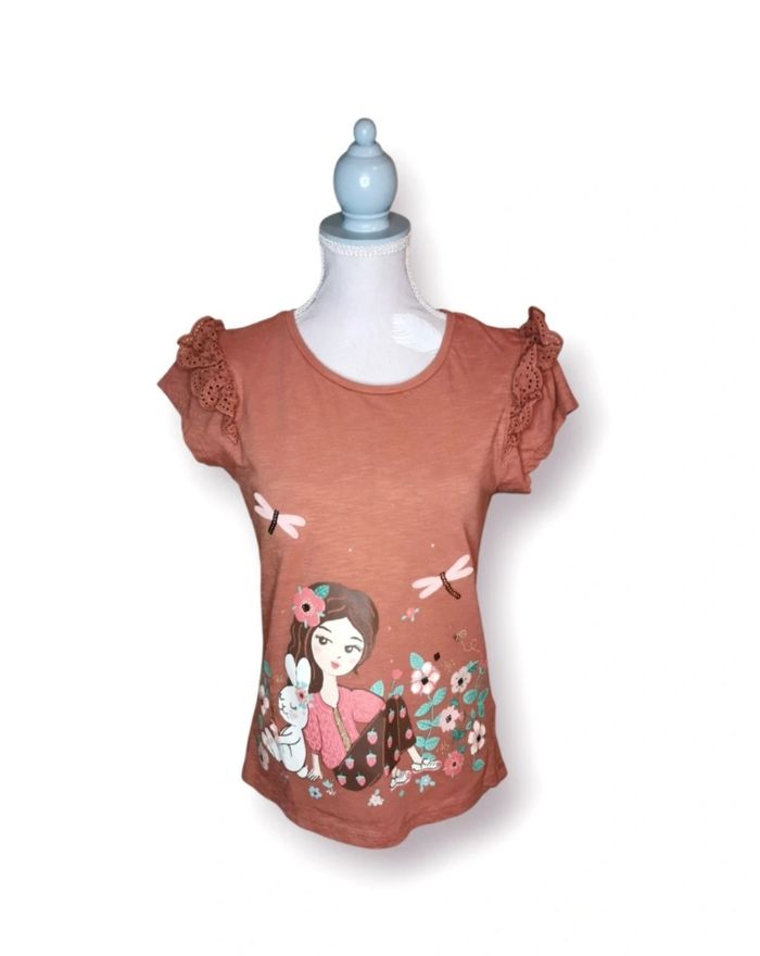 T shirt marron manches froufrous dentellées motifs pailletés fleurs 3D C&A taille 10 ans