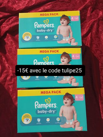 3 cartons couches bébé Pampers baby-dry 9-14kg  T4 taille 4 méga pack