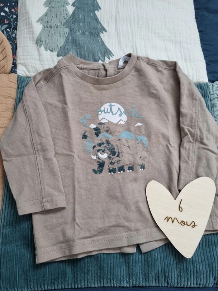 T-shirt manches longues marron "Outside" - Gémo - 6 mois