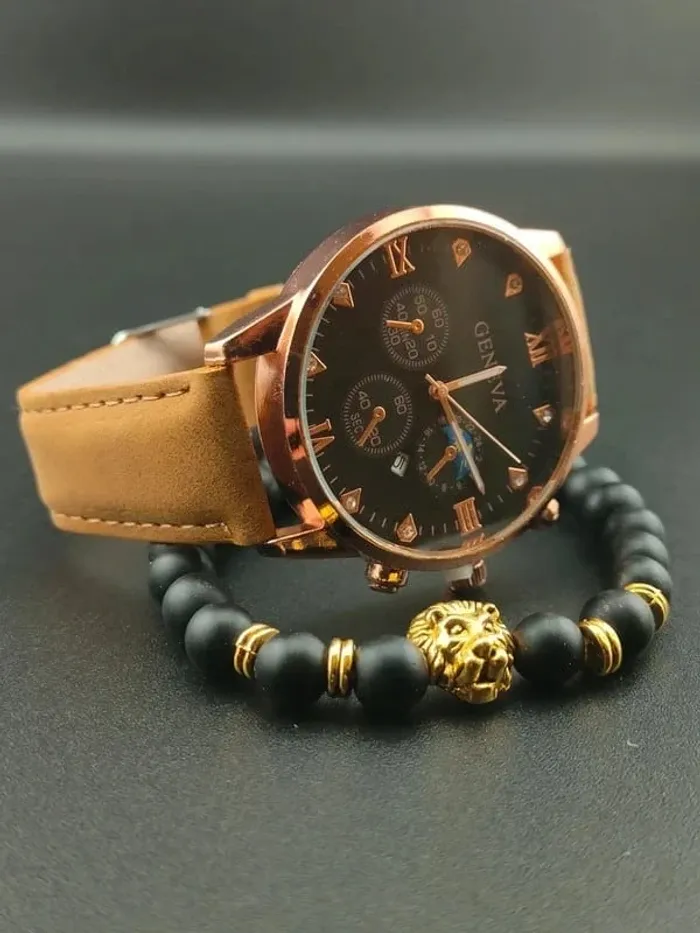 Montre brun style vintage & bracelet perles noires