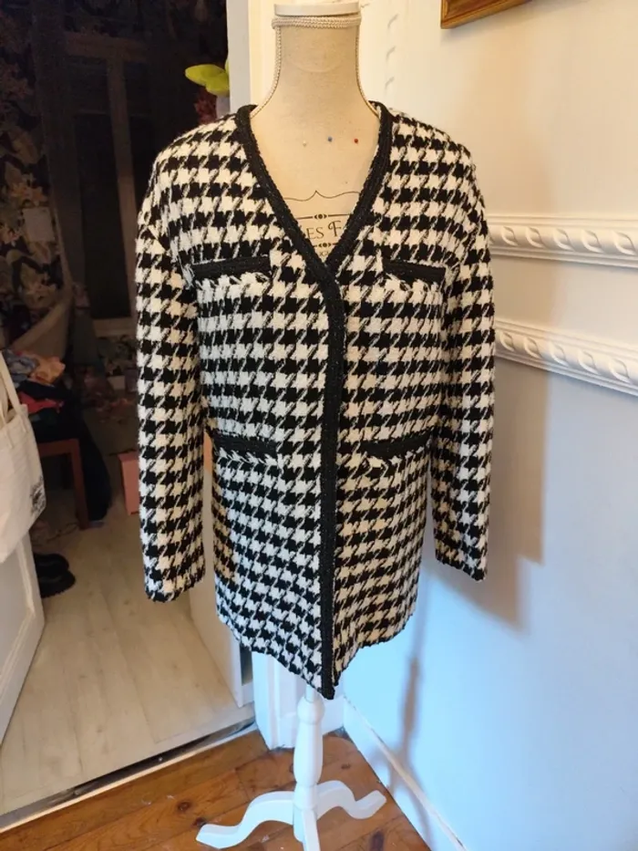 Veste laine mélangée Mango tweed pied de poule noir blanc XS/S