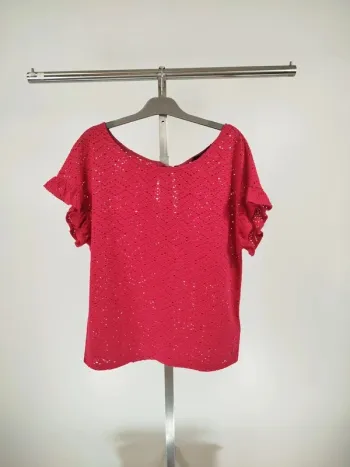 T-shirt rose fushia, manches volants broderie anglaise transparence taille M - A165