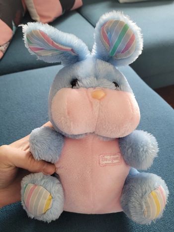 RARE Gros Lapin Bleu rose multicolore Boulgom rayures rayé tissu 26cm peluche doudou France