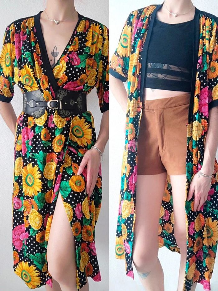 Robe longue portefeuille fleur multicolore noir Rétro / Botto Boutique - 36/S oversize à 46/XXXL