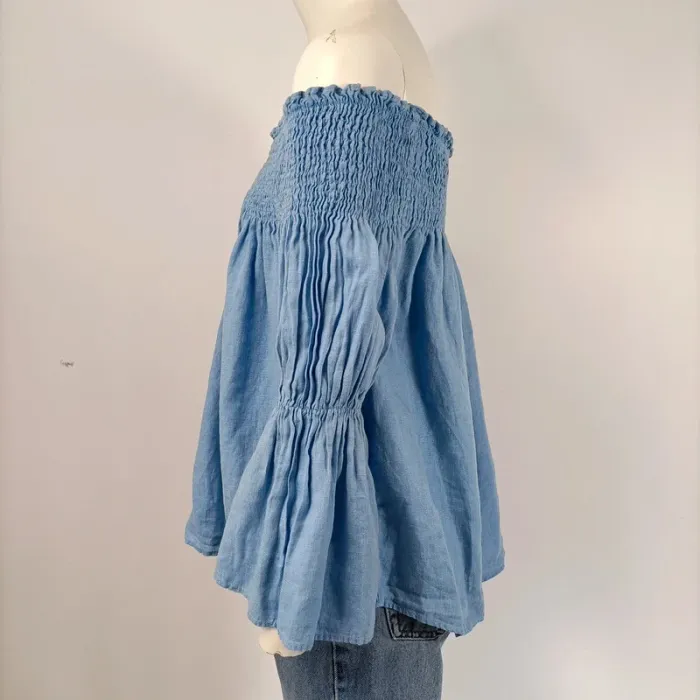 Top épaules dénudées bleu clair Zara taille XS style bohème manches larges smocké A188 - photo numéro 3