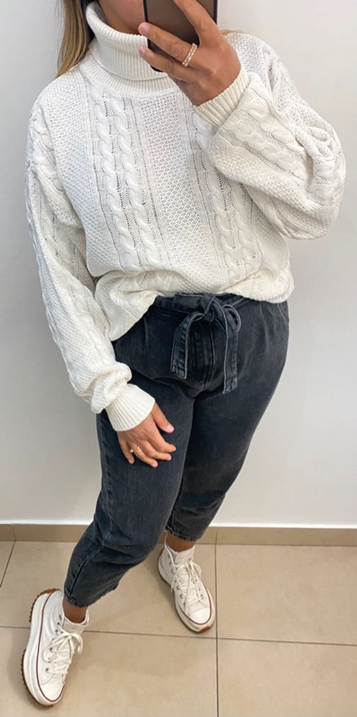 Superbe Pull Roulé Torsadé Blanc Taille M - photo numéro 3