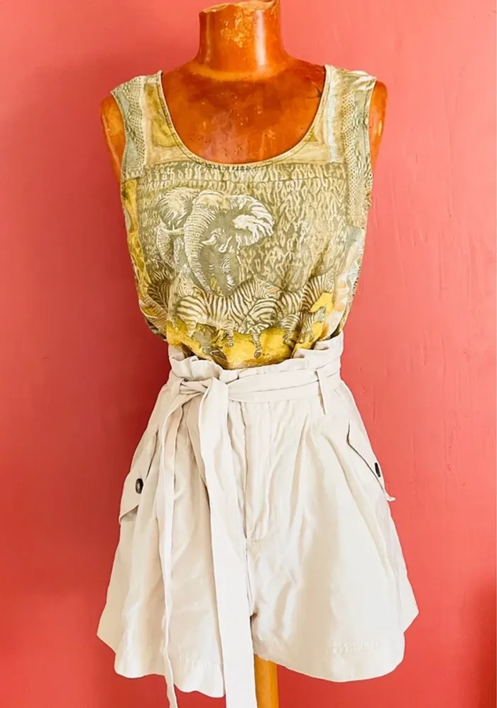 Joli débardeur à motifs kaki et moutarde, en coton vintage