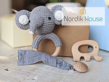 Hochet crochet éléphant+ anneau de dentition+ attache tétine